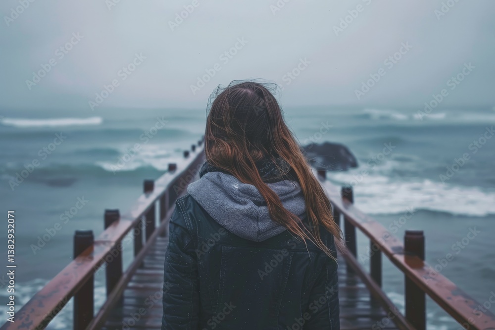 Young woman walks along a wooden pier on a foggy day near the ocean with crashing waves
