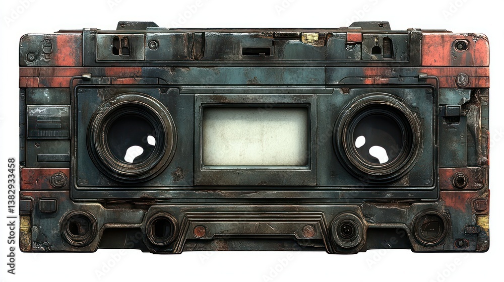 Fototapeta premium Rusty cassette tape, isolated, weathered, retro, media, nostalgic, technology, blank, background, vintage, design