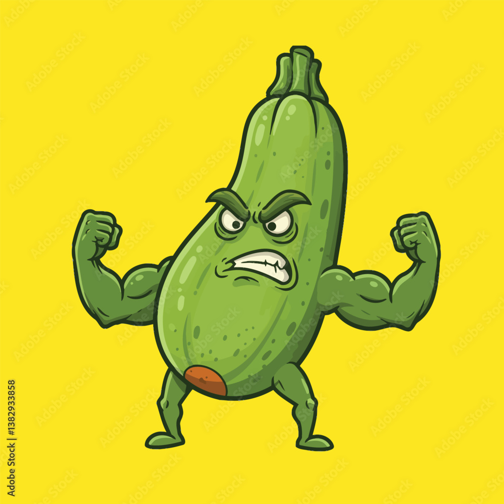 Fototapeta premium Angry Muscular Zucchini Vector - Strong Vegetable Character Flexing