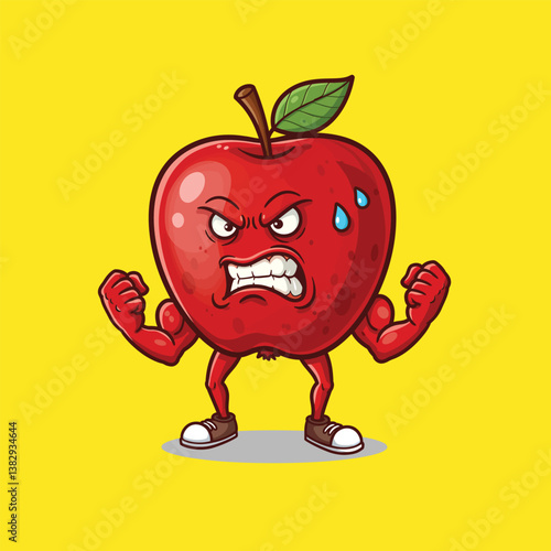Sweaty Angry Apple Cartoon Vector - Muscular Fruit with Shoes