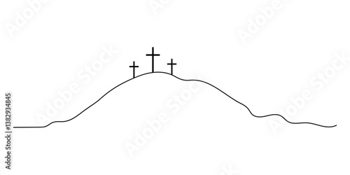 Three Calvary Crosses on the hill. Christianity religion concept. Continuous line drawing.