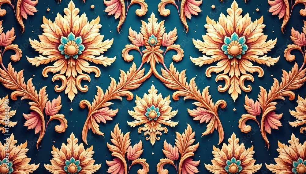 Elegant floral damask pattern, intricate swirls and leaves , nature, art, repeating Elegant floral damask pattern, intricate swirls and leaves , nature, art, repeating