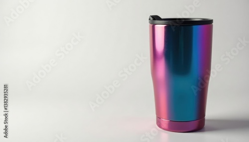 Large capacity travel mug, stainless steel, lid visible , close-up, photography, product