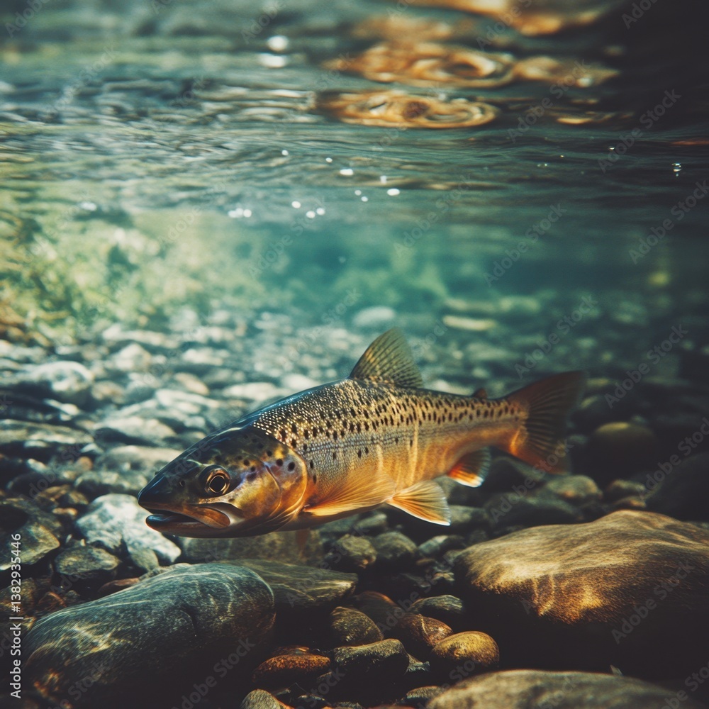 Naklejka premium Graceful trout swimming underwater in a clear river with rocky bottom creating a serene and natural scene