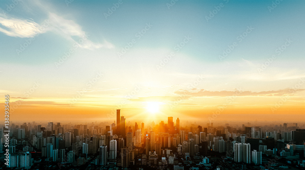 Fototapeta premium City Skyline at Sunset: A breathtaking aerial view of a sprawling city skyline bathed in the warm, golden hues of a vibrant sunset, capturing the bustling energy and architectural beauty.