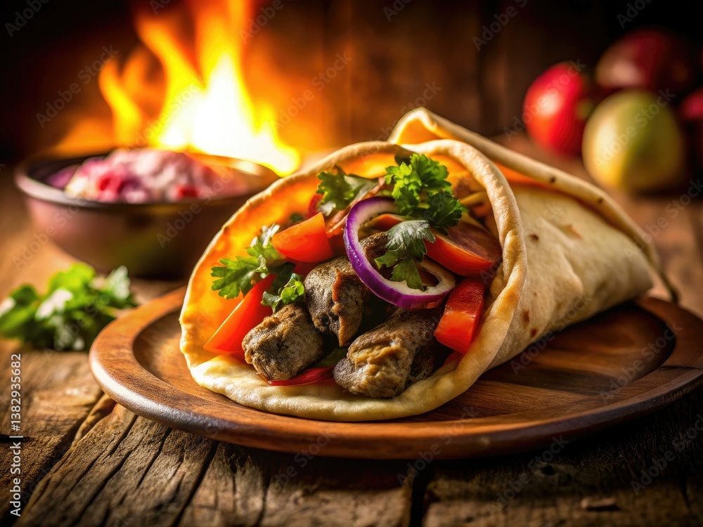Authentic Greek gyro, bathed in warm low light, a restaurant food photography masterpiece. Authentic Greek gyro, bathed in warm low light, a restaurant food photography masterpiece.
