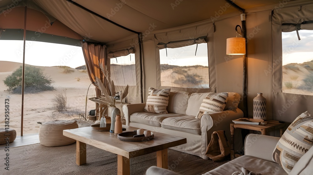 Fototapeta premium A cozy living room inside a desert nomad tent with a rug, sofa, and warm lighting.