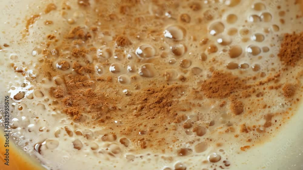 Creamy cappuccino bubbles: focus on fizzing milk foam and cinnamon in a macro coffee experience Creamy cappuccino bubbles: focus on fizzing milk foam and cinnamon in a macro coffee experience