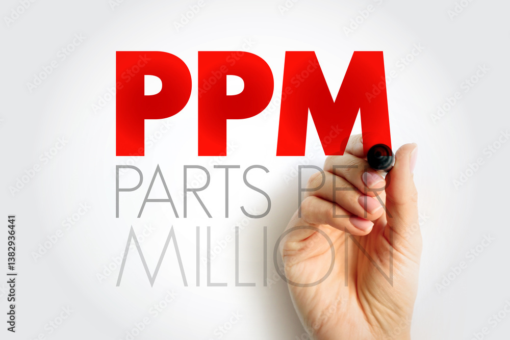 PPM Parts Per Million - number of units of mass of a contaminant per million units of total mass, acronym text concept background PPM Parts Per Million - number of units of mass of a contaminant per million units of total mass, acronym text concept background