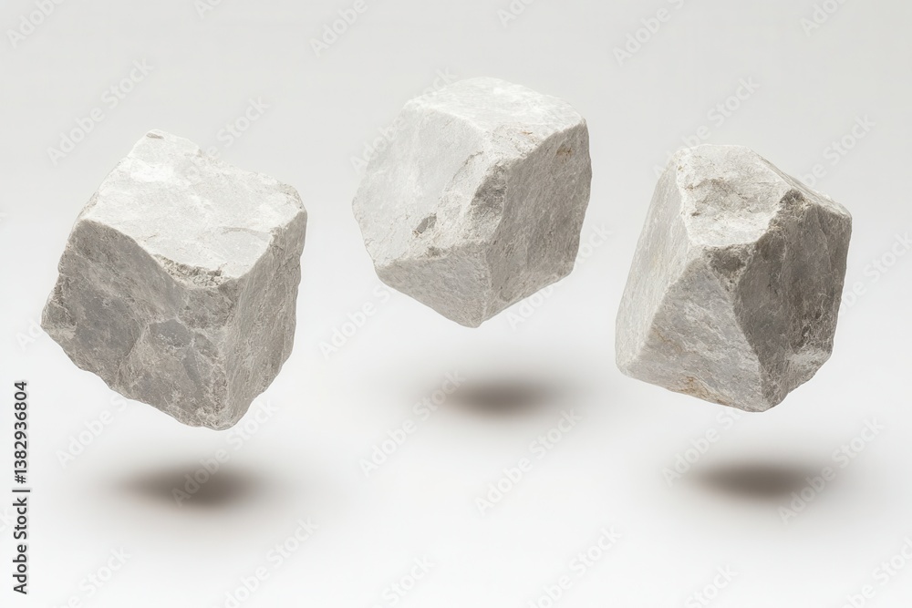 Naklejka premium Three floating marble stones casting shadows on a white background in a studio setting with soft lighting and a minimalist style