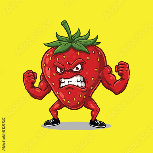 Angry Strawberry Cartoon Vector - Muscular Fruit Character with Gritted Teeth