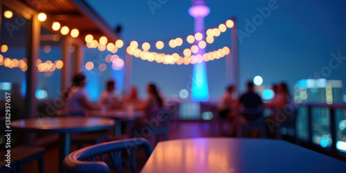 A vibrant night scene at a rooftop bar with softly glowing lights and blurred figures of diverse people gathered, enjoying the atmosphere and each other's company