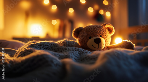 A comforting scene of a teddy bear tucked under a knitted blanket on a childâs bed, with a warm nightlight glowing softly in the background