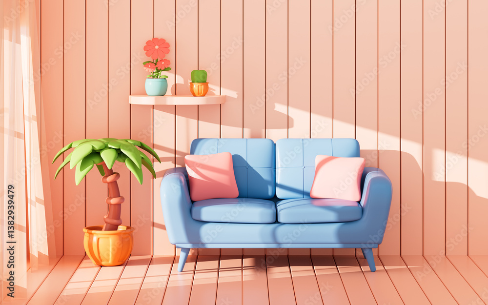 Obraz premium Cartoon living room, sofa and wall, minimalist and comfortable style, 3d rendering.