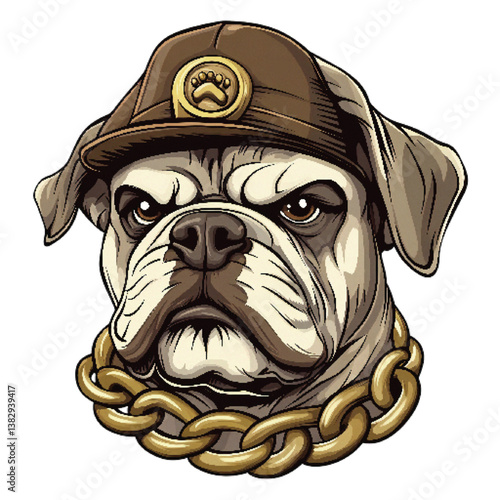 Cartoon Bulldog Mascot Head with Hat and Gold Chain, Tough Dog Character Vector for Sports, Branding, or Street Style Themes