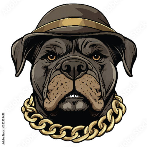 Cartoon Bulldog Mascot Head with Hat and Gold Chain, Tough Dog Character Vector for Sports, Branding, or Street Style Themes