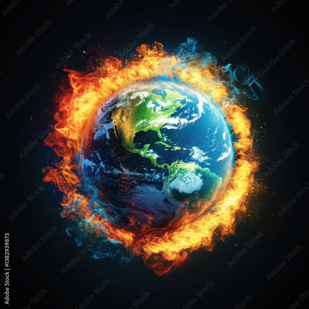 stunning illustration of Earth surrounded by vibrant flames and smoke, symbolizing climate change and environmental challenges. image evokes sense of urgency and awareness about global warming stunning illustration of Earth surrounded by vibrant flames and smoke, symbolizing climate change and environmental challenges. image evokes sense of urgency and awareness about global warming