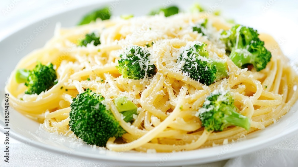 A delicious serving of pasta with broccoli and parmesan cheese, elegantly presented against a white background. A delicious serving of pasta with broccoli and parmesan cheese, elegantly presented against a white background.