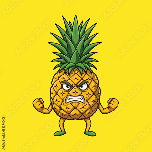 Angry Pineapple Cartoon Vector - Furious Fruit Character with Clenched Fists