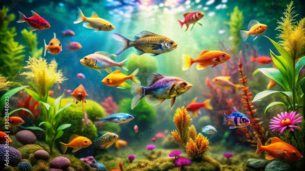 Fototapeta premium Vibrant Underwater Mural: Miniature Fish & Coral Reef Tilt-Shift