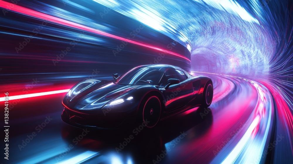 3D rendering of a sports car in a tunnel with light trails, A sports car a futuristic autonomous vehicle on a trail, AI Generated. 3D rendering of a sports car in a tunnel with light trails, A sports car a futuristic autonomous vehicle on a trail, AI Generated.