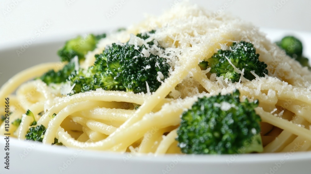 A delicious serving of pasta with broccoli and parmesan cheese, elegantly presented against a white background. A delicious serving of pasta with broccoli and parmesan cheese, elegantly presented against a white background.