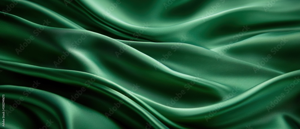 Emerald Green Silk Fabric Elegance Smooth Texture Wavy Surface Luxurious Material Abstract Design Backdrop Soft Light Artistic Folded Drapery Close Up Emerald Green Silk Fabric Elegance Smooth Texture Wavy Surface Luxurious Material Abstract Design Backdrop Soft Light Artistic Folded Drapery Close Up