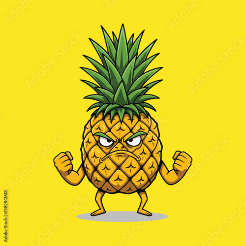 Angry Pineapple Cartoon Vector - Furious Fruit Character with Clenched Fists
