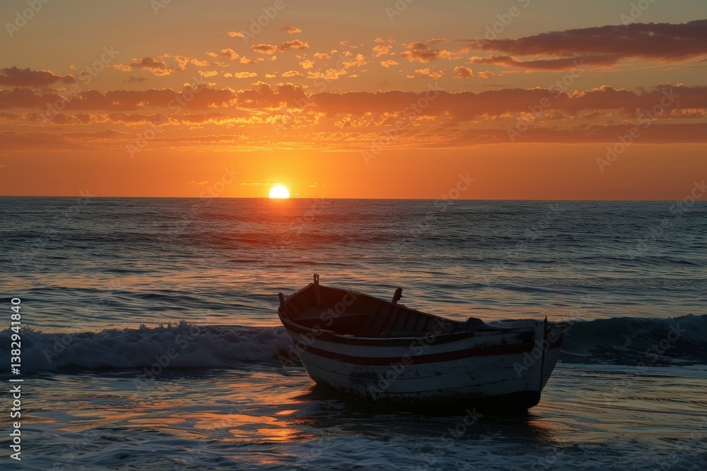 Sunset over calm ocean with fishing boat on shore and waves gently lapping at the hull Sunset over calm ocean with fishing boat on shore and waves gently lapping at the hull