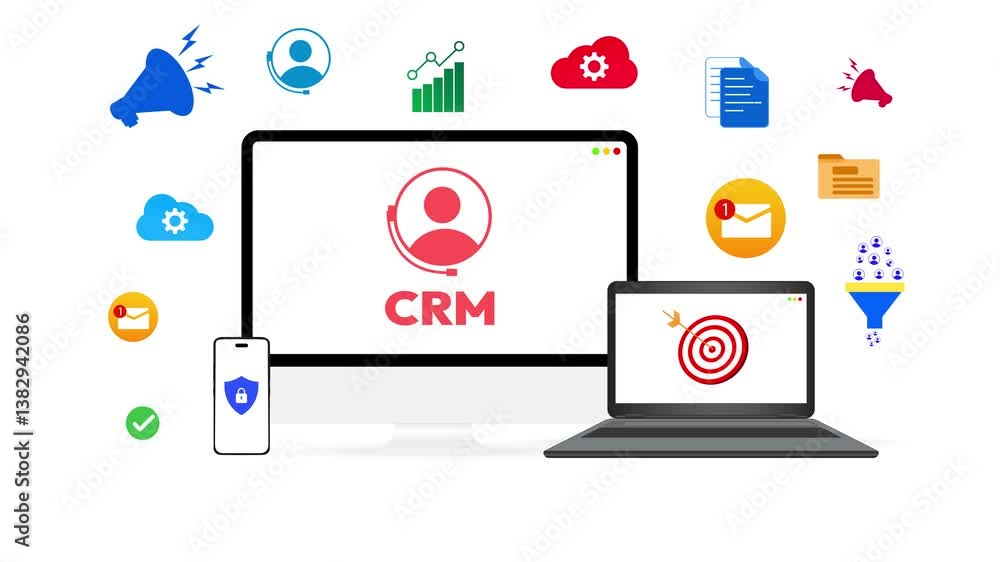 Customer Relationship Management system on multiple devices showing goals, target and unread messages, 4k animation. CRM infographics floating, online, digital. Customer Relationship Management system on multiple devices showing goals, target and unread messages, 4k animation. CRM infographics floating, online, digital.