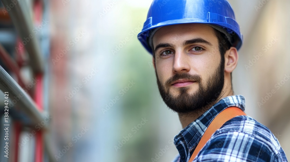 A construction worker securing scaffolding at a building site. Featuring teamwork and safety A construction worker securing scaffolding at a building site. Featuring teamwork and safety