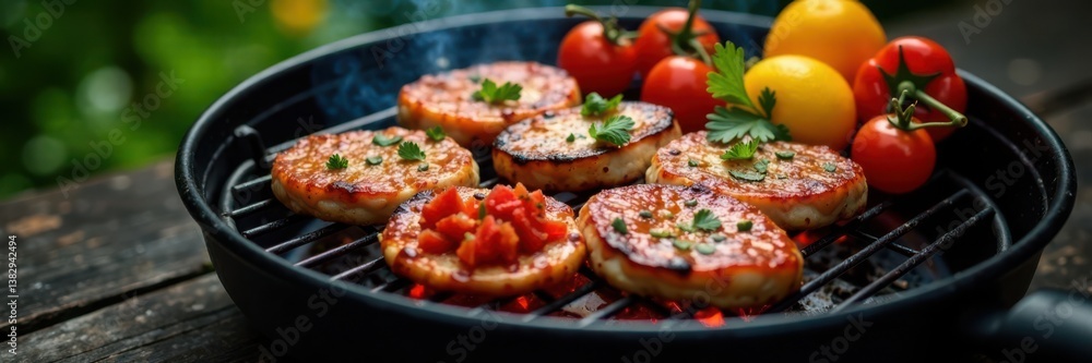 Close-up of black BBQ Grill with utensils and spices, outdoor cooking equipment , charcoal grill Close-up of black BBQ Grill with utensils and spices, outdoor cooking equipment , charcoal grill