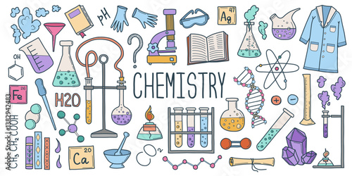 Chemistry elements set. Microscope, beaker, test tube, lab glass. Doodle science vector illustrations isolated on white background