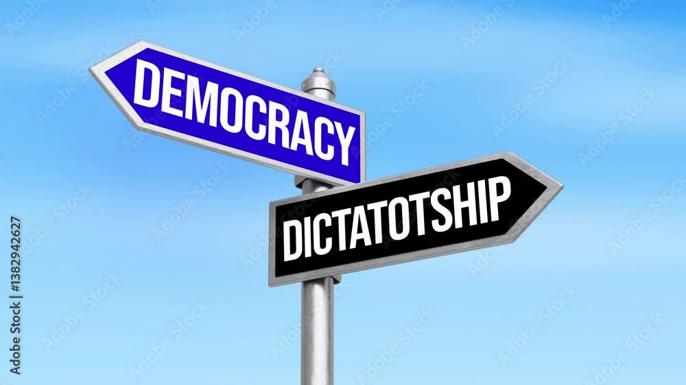 Democracy Vs Dictatorship written on the signboard with blue sky in the backdrop, 4k animation. Political, democracy, freedom, dictatorship, politics. Democracy Vs Dictatorship written on the signboard with blue sky in the backdrop, 4k animation. Political, democracy, freedom, dictatorship, politics.