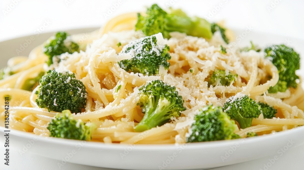 A delicious serving of pasta with broccoli and parmesan cheese, elegantly presented against a white background. A delicious serving of pasta with broccoli and parmesan cheese, elegantly presented against a white background.
