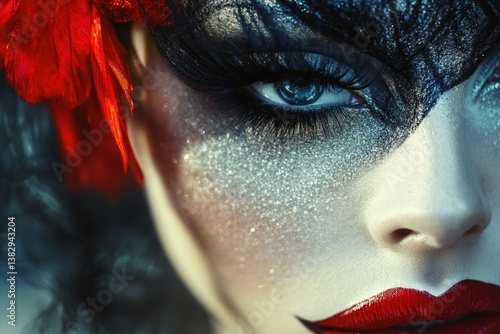 Close-up beauty portrait of a mysterious woman with fantasy makeup, glitter, red lipstick and long fake eyelashes