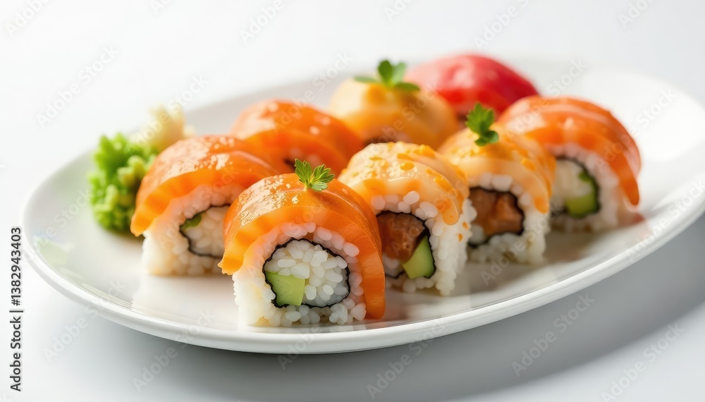 Various sushi rolls arranged on white plate, soy sauce, wasabi, asian cuisine, presentation, plate Various sushi rolls arranged on white plate, soy sauce, wasabi, asian cuisine, presentation, plate