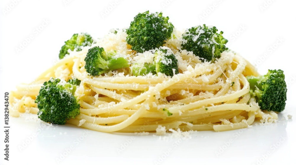 A delicious serving of pasta with broccoli and parmesan cheese, elegantly presented against a white background. A delicious serving of pasta with broccoli and parmesan cheese, elegantly presented against a white background.