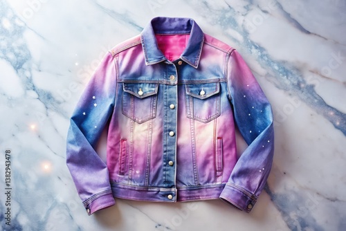 Denim Jacket Flat Lay: Glowing Particles & Marble, Pink Lavender Hues, Symmetrical Product Photography