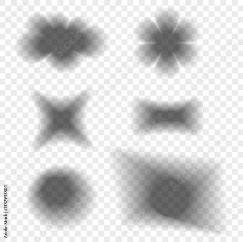 Set of Realistic shadows. Effects for design of realistic objects. Transparent transition shadow for banner, label, poster. Overlay paper, separation from background. Vector illustration.