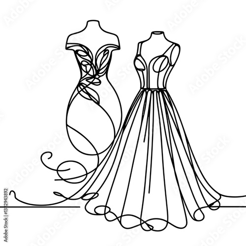 Fashion line drawing of elegant dresses on display in a minimalist style  