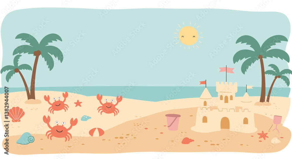 Obraz premium Cute Summer Beach Day Flat Doodle Vector