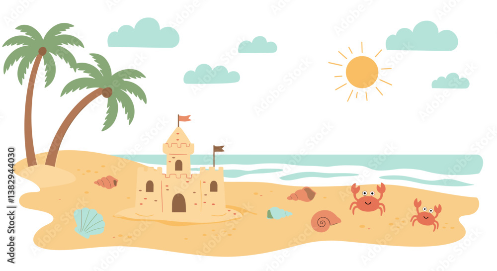 Obraz premium Cute Summer Beach Day Flat Doodle Vector