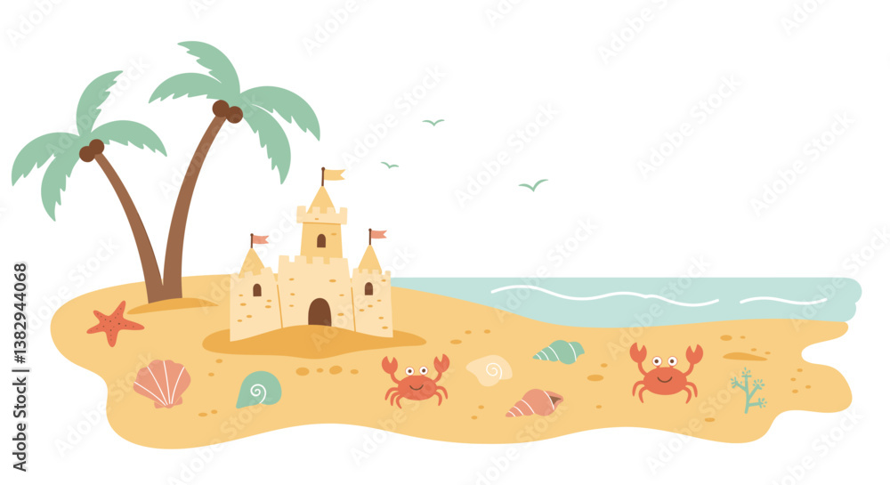 Obraz premium Cute Summer Beach Day Flat Doodle Vector
