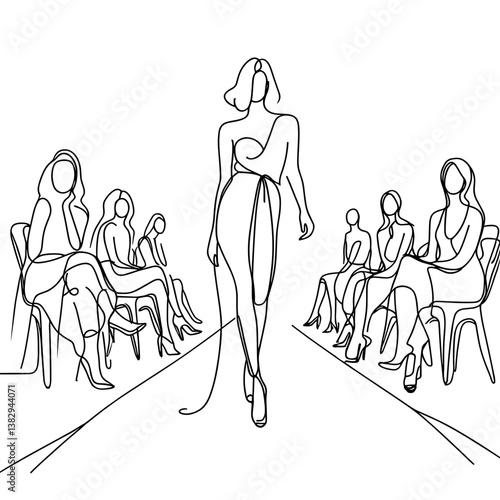 Fashion model showcasing design on runway with seated audience in line drawing style