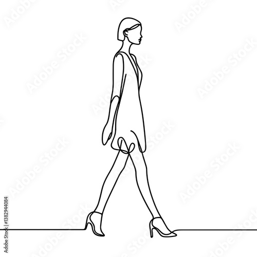 Fashion model walking confidently in a minimalist line drawing  