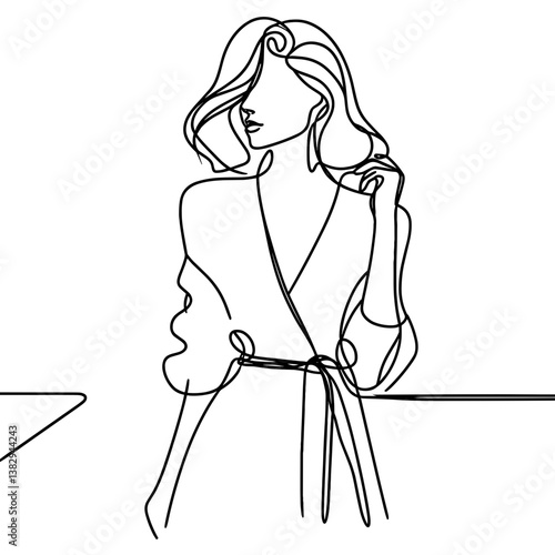 Line drawing of a woman attractive wearing a wrap dress against a simple background 