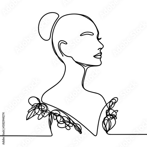 Line drawing portrait of a woman serene wearing floral shoulder detail against a white background
