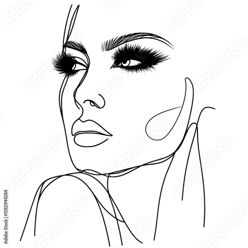  Line drawing portrait of a woman glamorous looking away with dramatic makeup against a white background