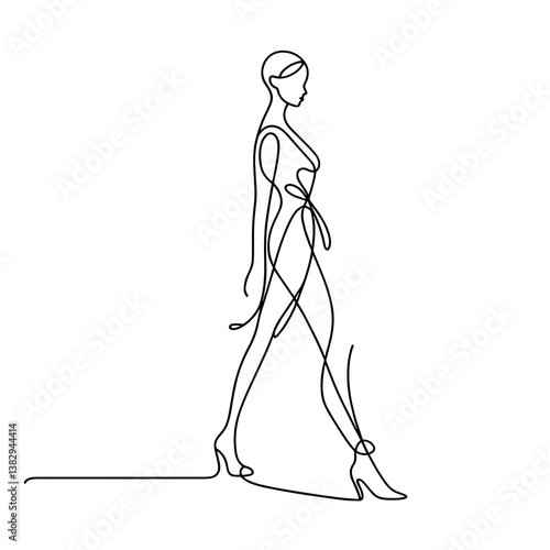 Line drawing of a woman graceful walking in heels and bodysuit  in a fashion show against a white background